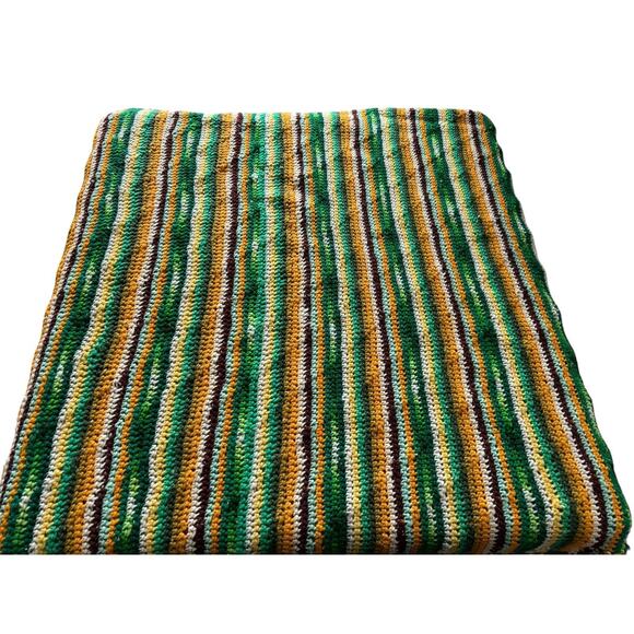 Vintage Handmade Crochet Afghan Blanket Green Gold Brown Striped ~54x84 Bobble - Picture 3 of 5